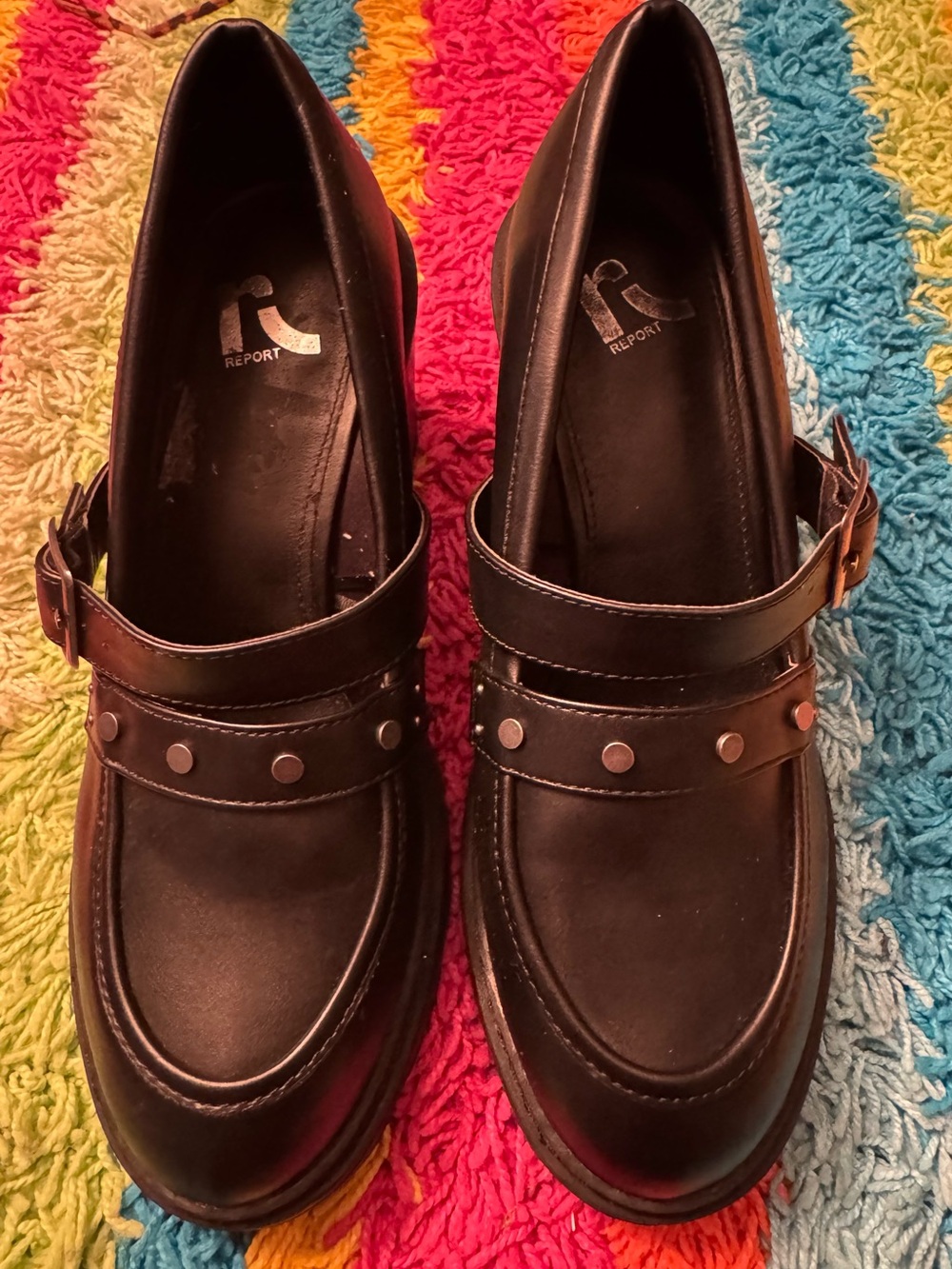 Report Black Leather Studded Strap Slip-On Loafers